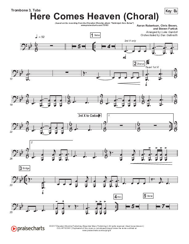 Here Comes Heaven (Choral Anthem SATB) Trombone 1,2 (Elevation Worship / Arr. Luke Gambill)