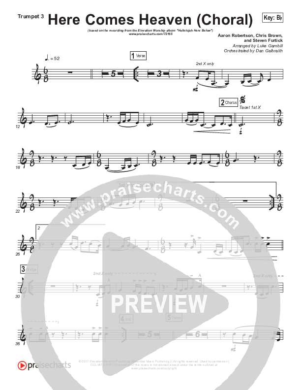 Here Comes Heaven (Choral Anthem SATB) Trumpet 1,2 (Elevation Worship / Arr. Luke Gambill)
