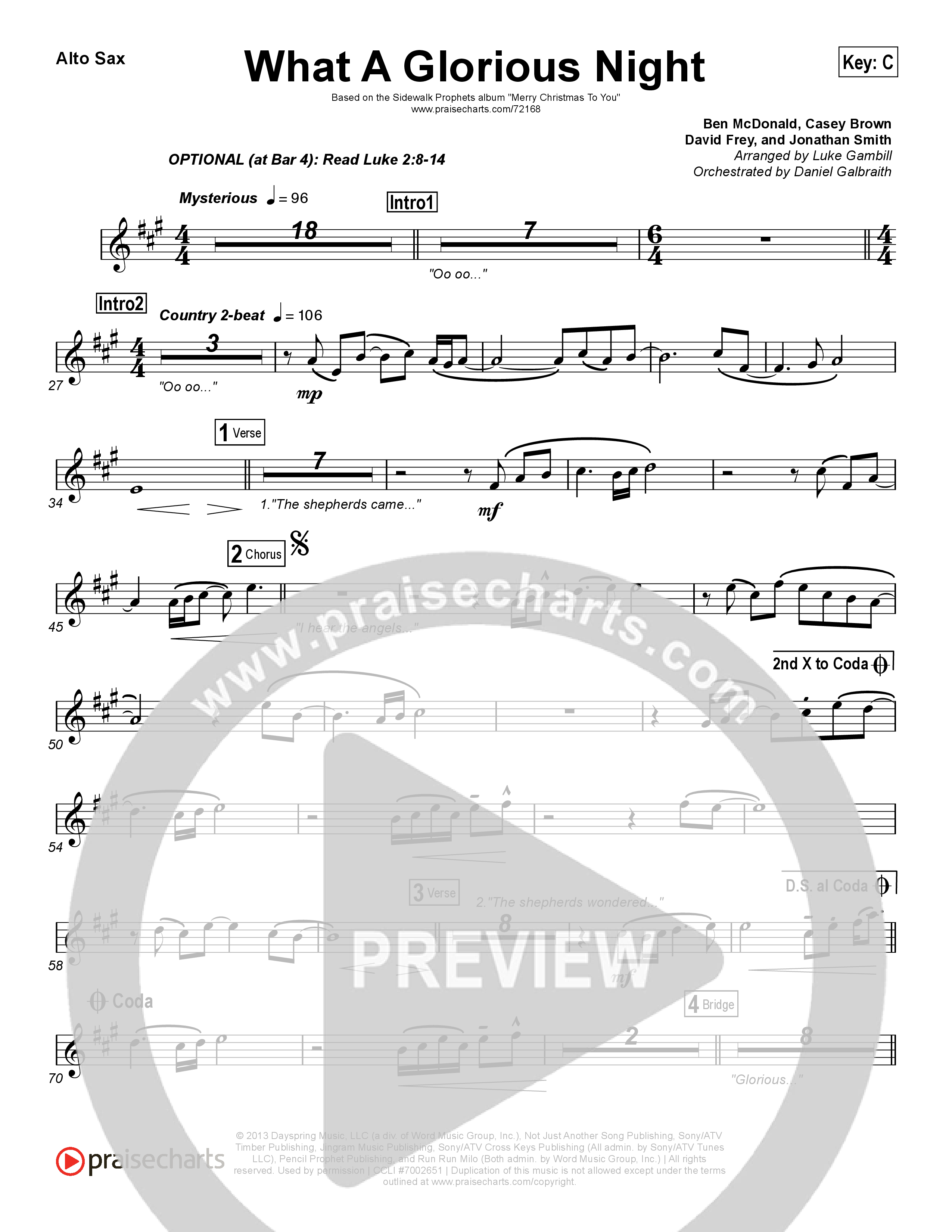 What A Glorious Night (Choral Anthem SATB) Alto Sax (Sidewalk Prophets / Arr. Luke Gambill)