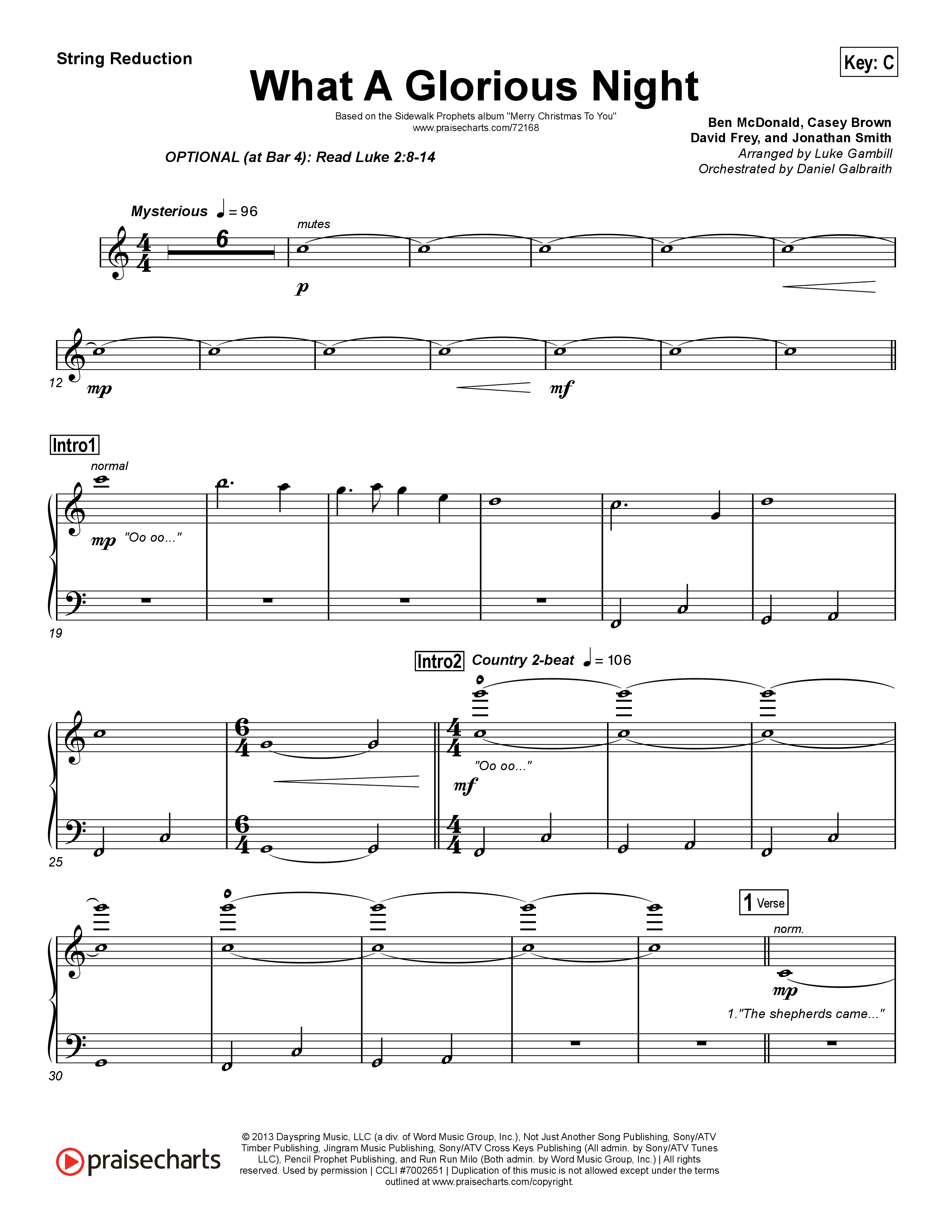 What A Glorious Night (Choral Anthem SATB) String Pack (Sidewalk Prophets / Arr. Luke Gambill)