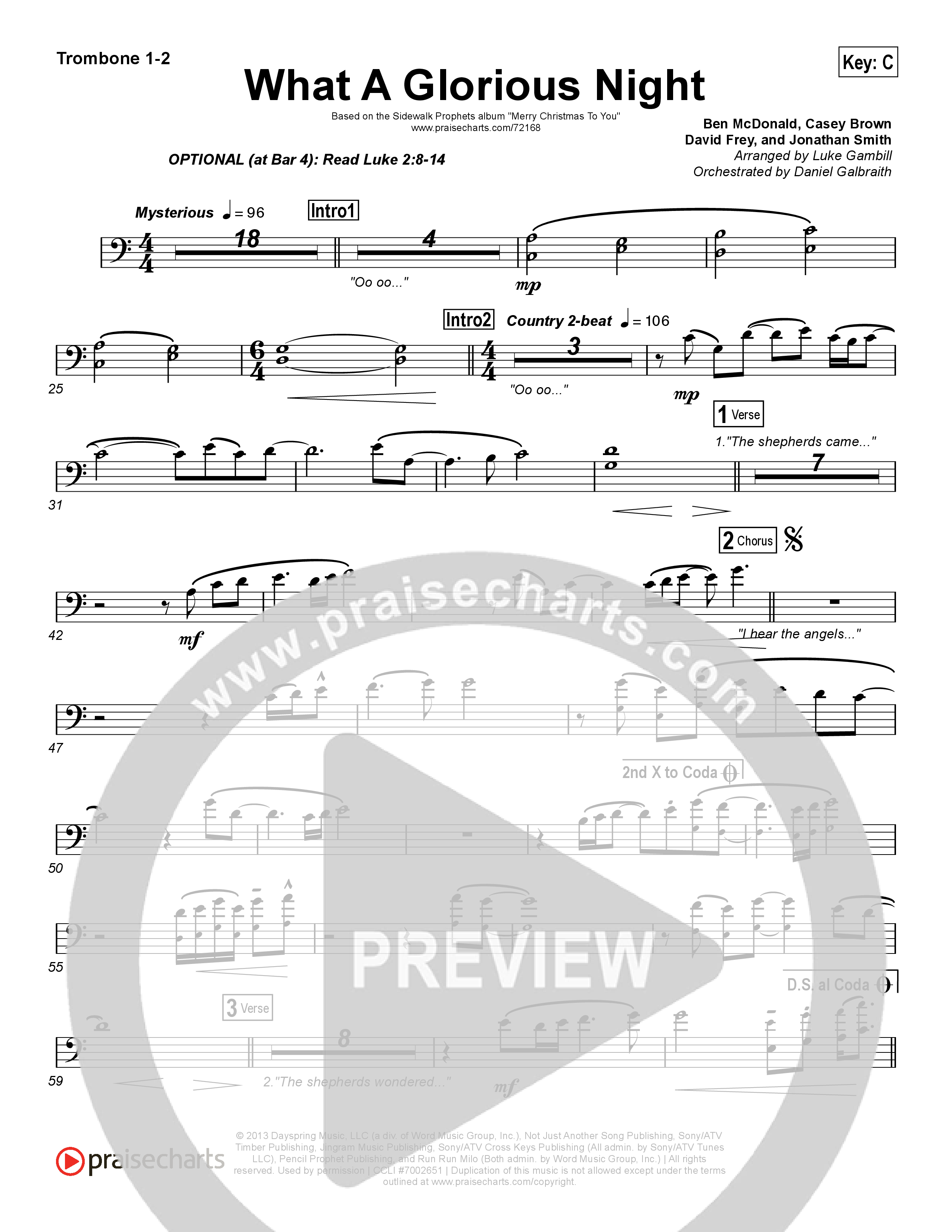 What A Glorious Night (Choral Anthem SATB) Trombone 1/2 (Sidewalk Prophets / Arr. Luke Gambill)