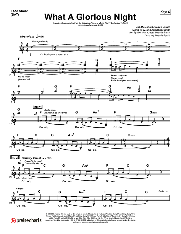 What A Glorious Night (Choral Anthem SATB) Lead Sheet (SAT) (Sidewalk Prophets / Arr. Luke Gambill)