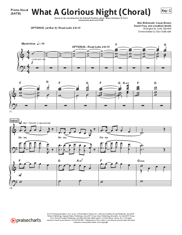 What A Glorious Night (Choral Anthem SATB) Lead & Piano/Vocal (Sidewalk Prophets / Arr. Luke Gambill)