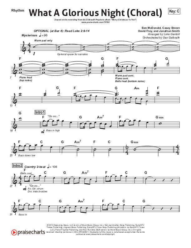 What A Glorious Night (Choral Anthem SATB) Rhythm Chart (Sidewalk Prophets / Arr. Luke Gambill)