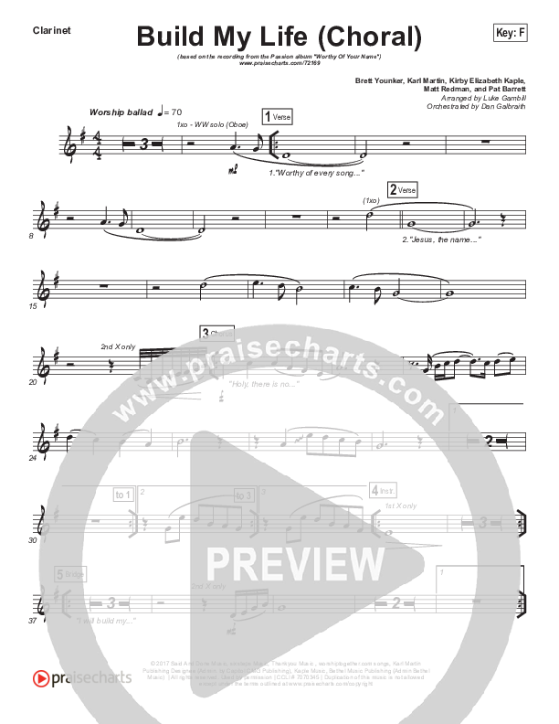 Build My Life (Choral Anthem SATB) Clarinet (Passion / Brett Younker / Arr. Luke Gambill)