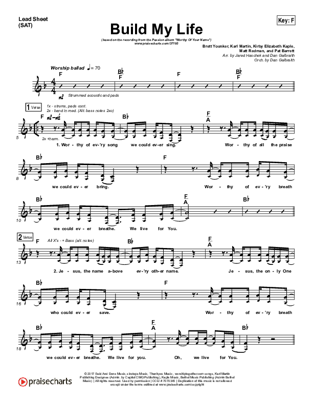 Build My Life (Choral Anthem SATB) Lead Sheet (SAT) (Passion / Brett Younker / Arr. Luke Gambill)