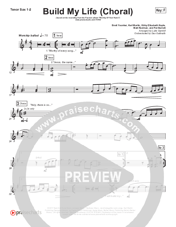 Build My Life (Choral Anthem SATB) Tenor Sax 1/2 (Passion / Brett Younker / Arr. Luke Gambill)