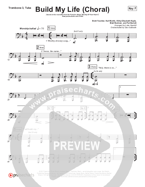 Build My Life (Choral Anthem SATB) Trombone 3/Tuba (Passion / Brett Younker / Arr. Luke Gambill)