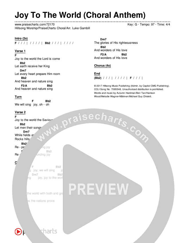 Joy To The World (Choral Anthem SATB) Chords & Lyrics (Hillsong Worship / Arr. Luke Gambill)