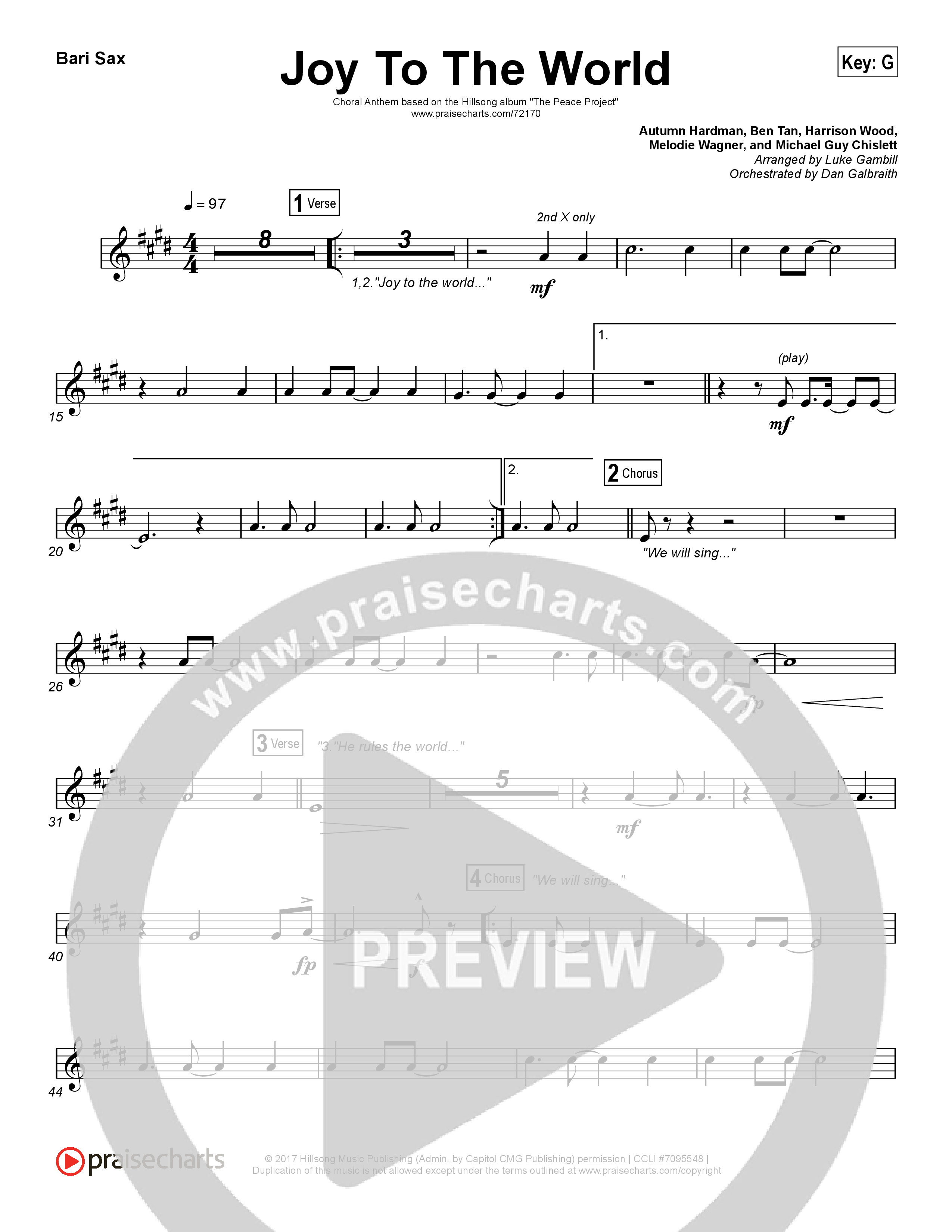 Joy To The World (Choral Anthem SATB) Bari Sax (Hillsong Worship / Arr. Luke Gambill)