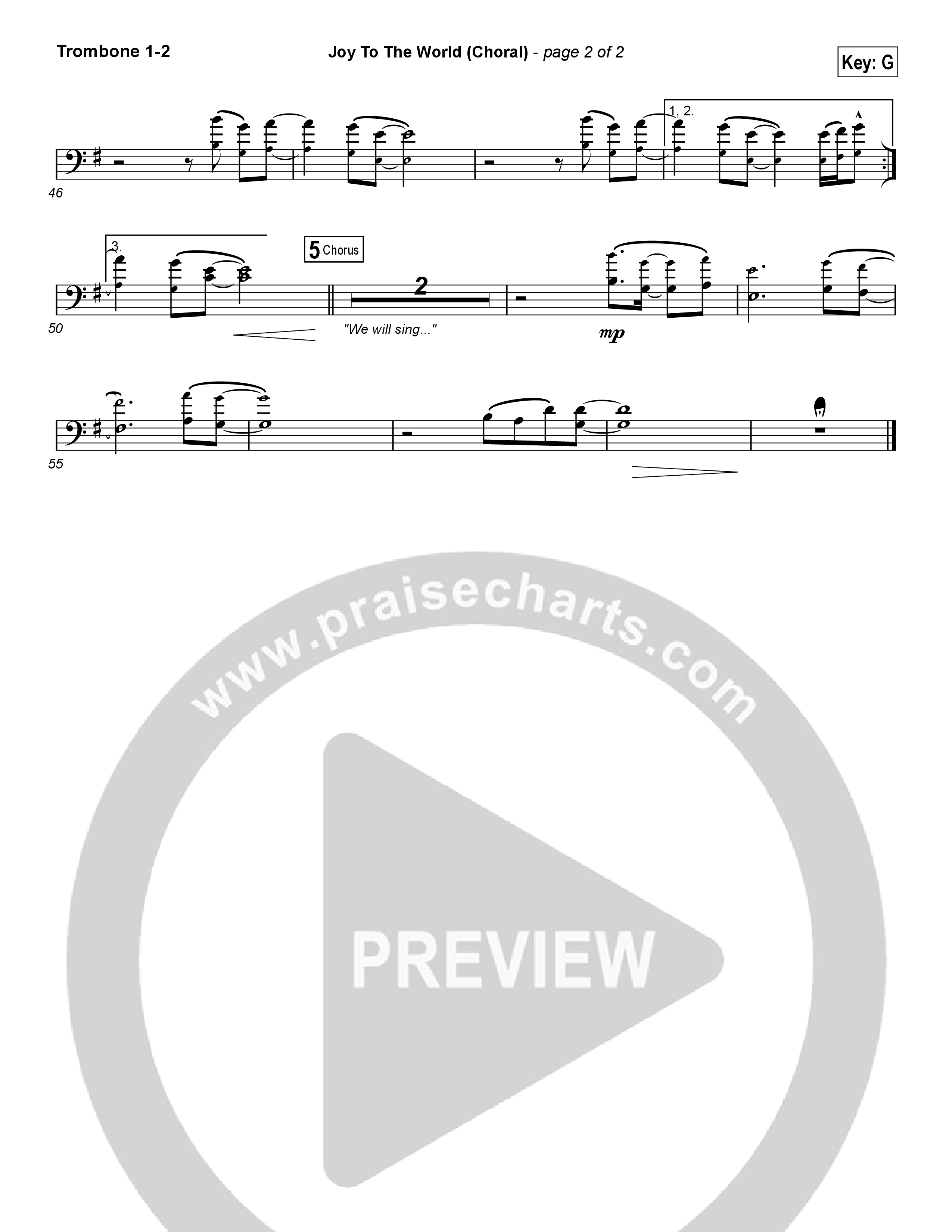 Joy To The World (Choral Anthem SATB) Trombone 1/2 (Hillsong Worship / Arr. Luke Gambill)