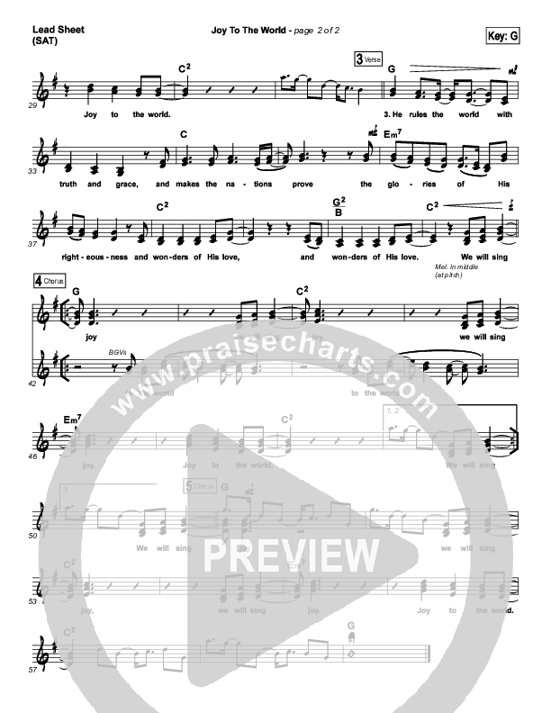 Joy To The World (Choral Anthem SATB) Lead Sheet (SAT) (Hillsong Worship / Arr. Luke Gambill)