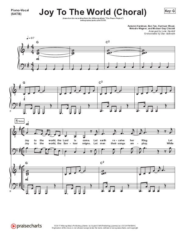 Joy To The World (Choral Anthem SATB) Piano/Vocal (SATB) (Hillsong Worship / Arr. Luke Gambill)