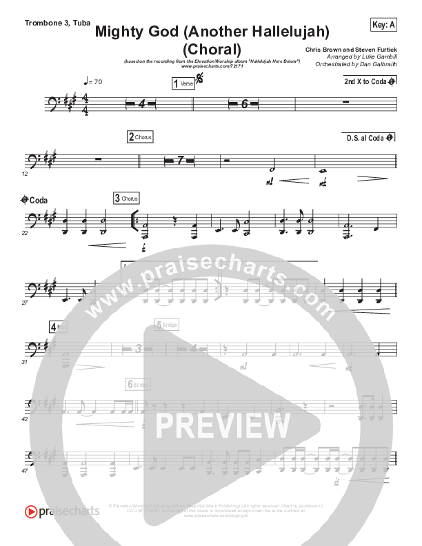 Mighty God (Another Hallelujah) (Choral Anthem SATB) Trombone 3/Tuba (Elevation Worship / Arr. Luke Gambill)