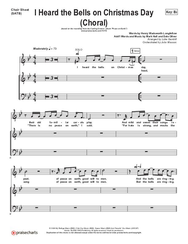 I Heard The Bells On Christmas Day (Choral Anthem SATB) Choir Sheet (SATB) (Casting Crowns / Arr. Luke Gambill)