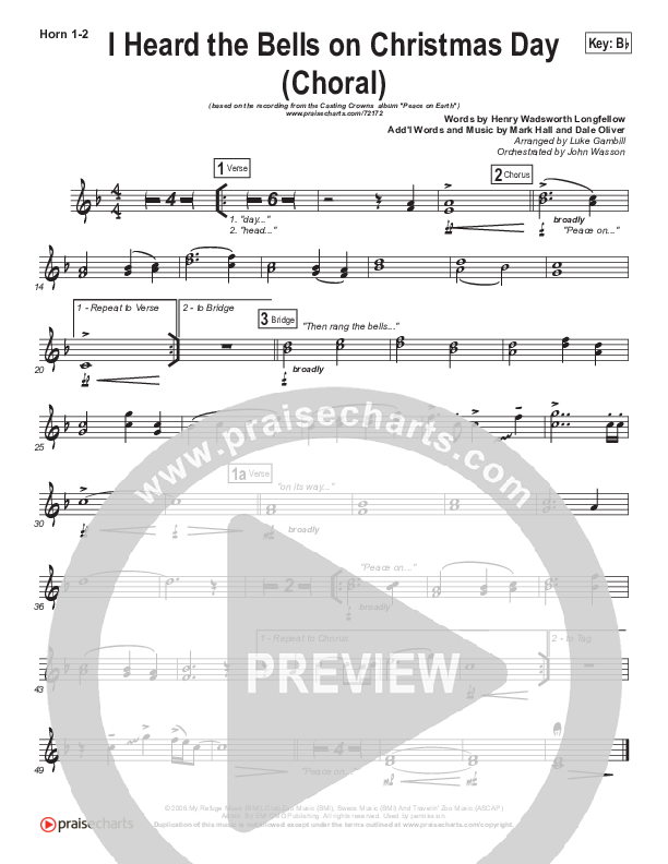 I Heard The Bells On Christmas Day (Choral Anthem SATB) French Horn 1/2 (Casting Crowns / Arr. Luke Gambill)