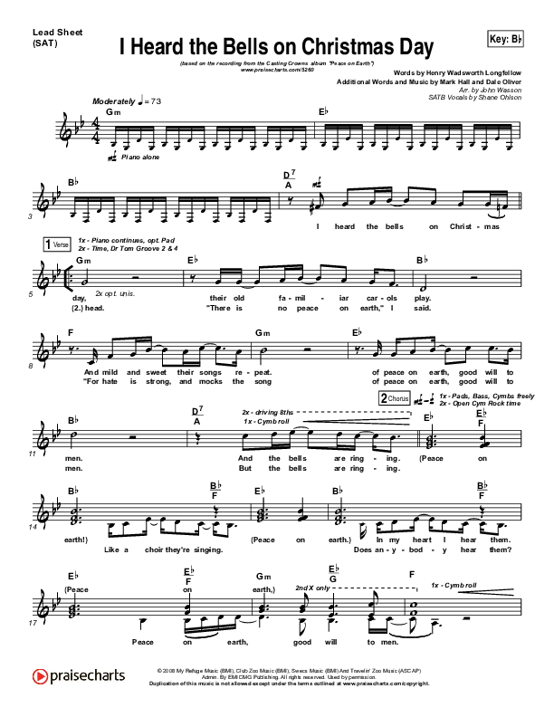 I Heard The Bells On Christmas Day (Choral Anthem SATB) Lead Sheet (SAT) (Casting Crowns / Arr. Luke Gambill)