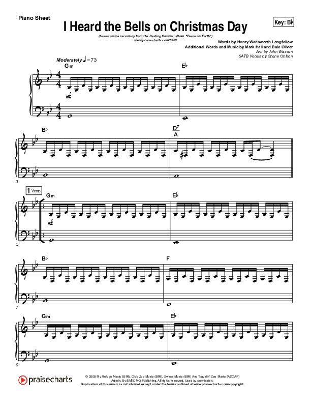 I Heard The Bells On Christmas Day (Choral Anthem SATB) Piano Sheet (Casting Crowns / Arr. Luke Gambill)