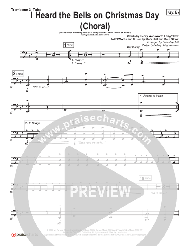 I Heard The Bells On Christmas Day (Choral Anthem SATB) Trombone 3/Tuba (Casting Crowns / PraiseCharts Choral / Arr. Luke Gambill)