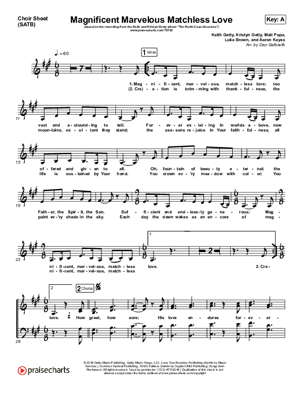 Magnificent Marvelous Matchless Love Choir Vocals (SATB) (Keith & Kristyn Getty)