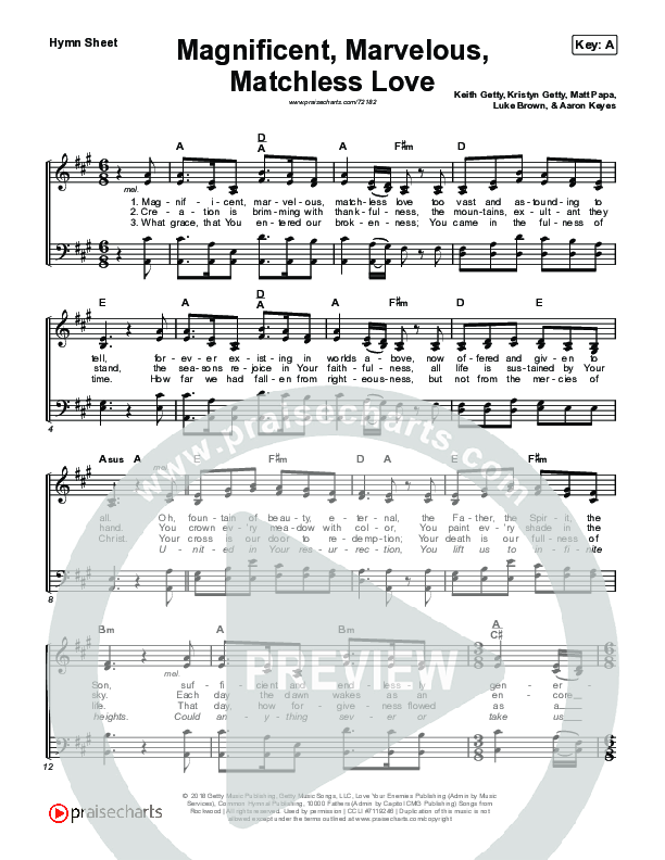 Magnificent Marvelous Matchless Love Hymn Sheet (Keith & Kristyn Getty)