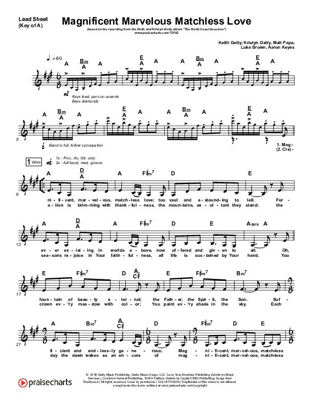 Magnificent Marvelous Matchless Love Lead Sheet (Melody) (Keith & Kristyn Getty)