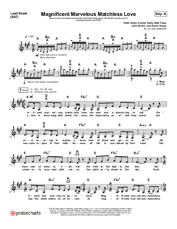Magnificent Marvelous Matchless Love Lead Sheet (SAT) (Keith & Kristyn Getty)