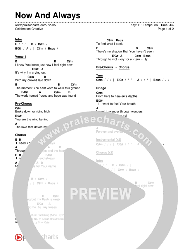 Now And Always Chord Chart (Celebration Creative)