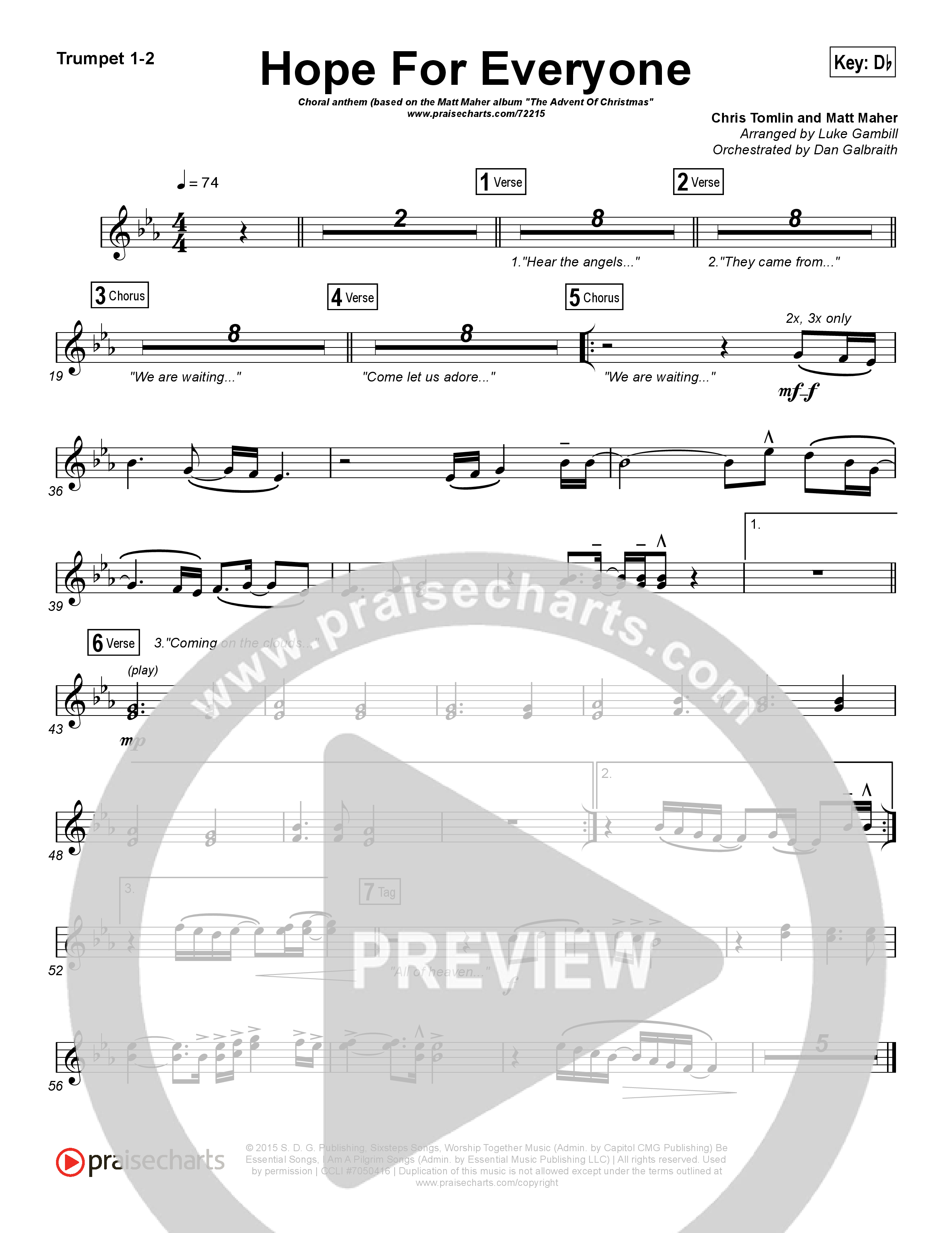 Hope For Everyone (Choral Anthem SATB) Trumpet 1,2 (Matt Maher / Arr. Luke Gambill)