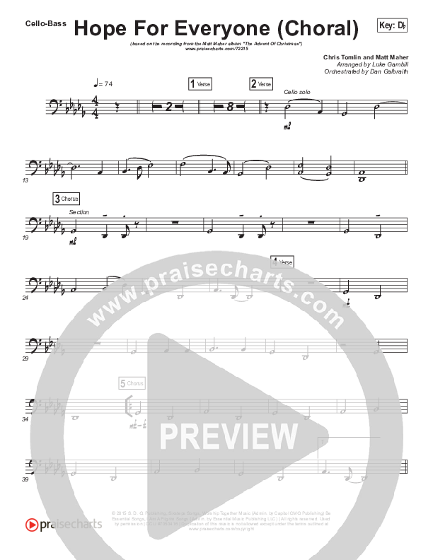 Hope For Everyone (Choral Anthem SATB) Cello/Bass (Matt Maher / Arr. Luke Gambill)