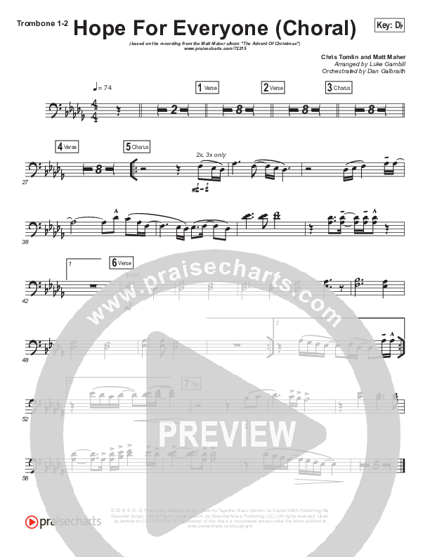 Hope For Everyone (Choral Anthem SATB) Trombone 1/2 (Matt Maher / Arr. Luke Gambill)