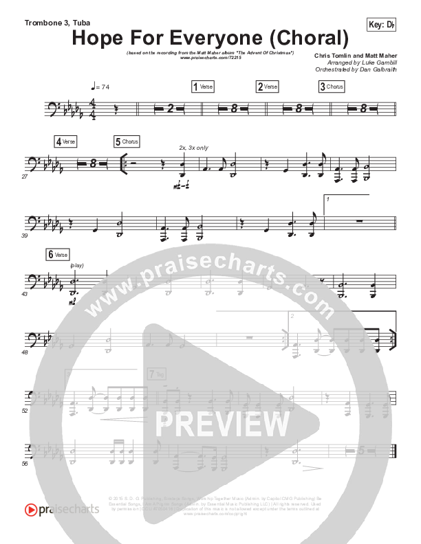 Hope For Everyone (Choral Anthem SATB) Trombone 3/Tuba (Matt Maher / Arr. Luke Gambill)