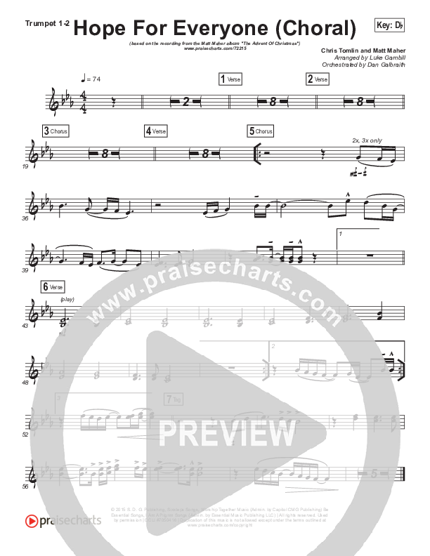 Hope For Everyone (Choral Anthem SATB) Trumpet 1,2 (Matt Maher / Arr. Luke Gambill)