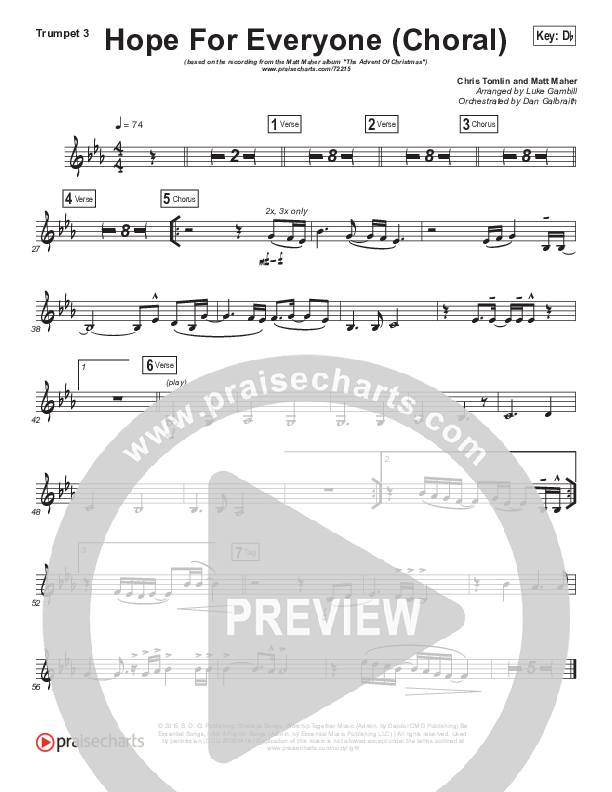 Hope For Everyone (Choral Anthem SATB) Trumpet 3 (Matt Maher / Arr. Luke Gambill)