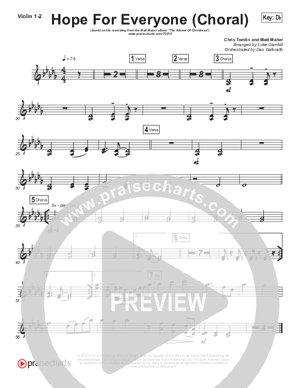 Hope For Everyone (Choral Anthem SATB) Violin 1/2 (Matt Maher / Arr. Luke Gambill)