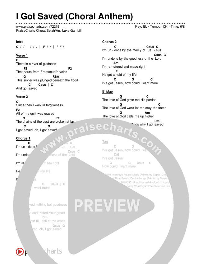 I Got Saved (Choral Anthem SATB) Chords & Lyrics (Selah / Arr. Luke Gambill)