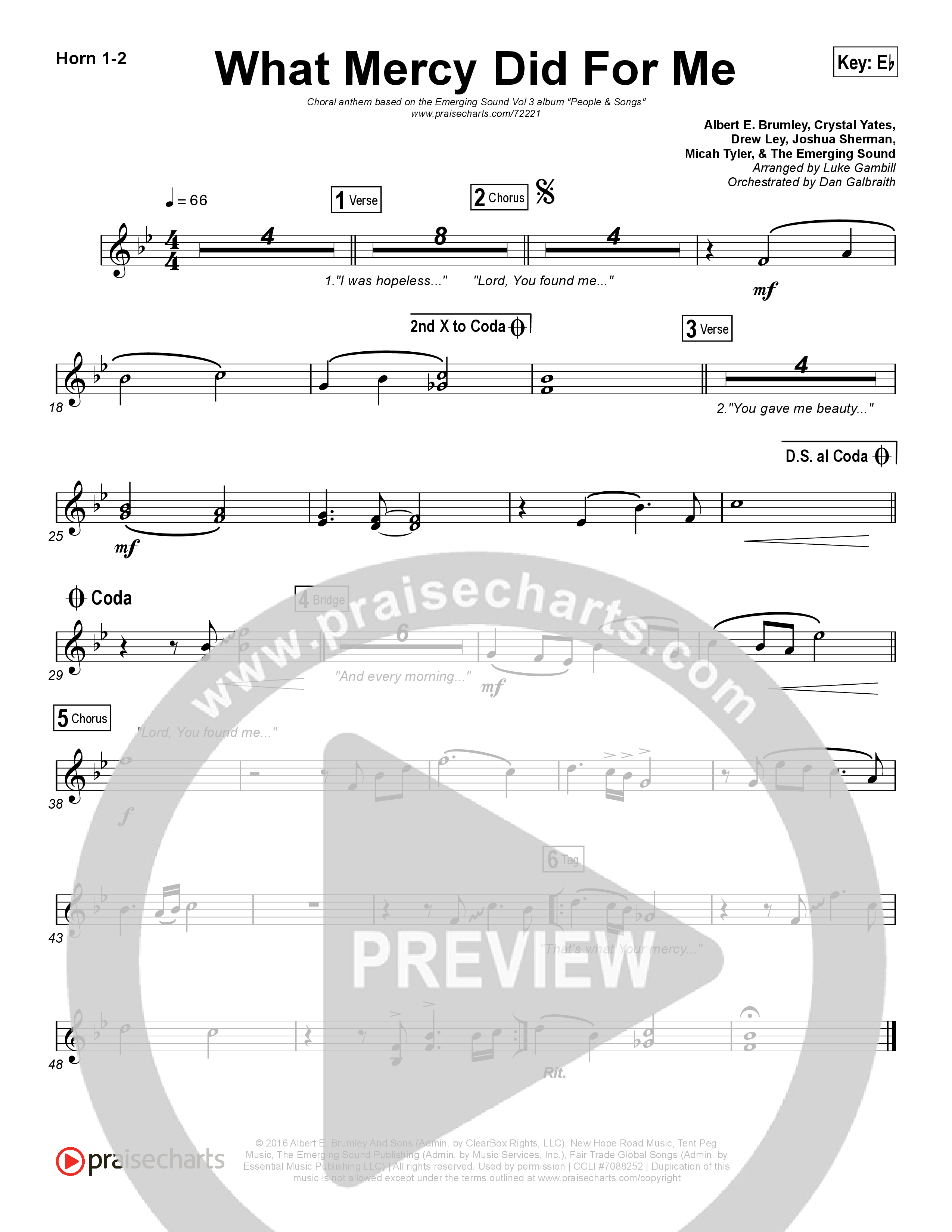 What Mercy Did For Me (Choral Anthem SATB) French Horn 1,2 (People & Songs / Crystal Yates / Micah Tyler / Joshua Sherman / Arr. Luke Gambill)