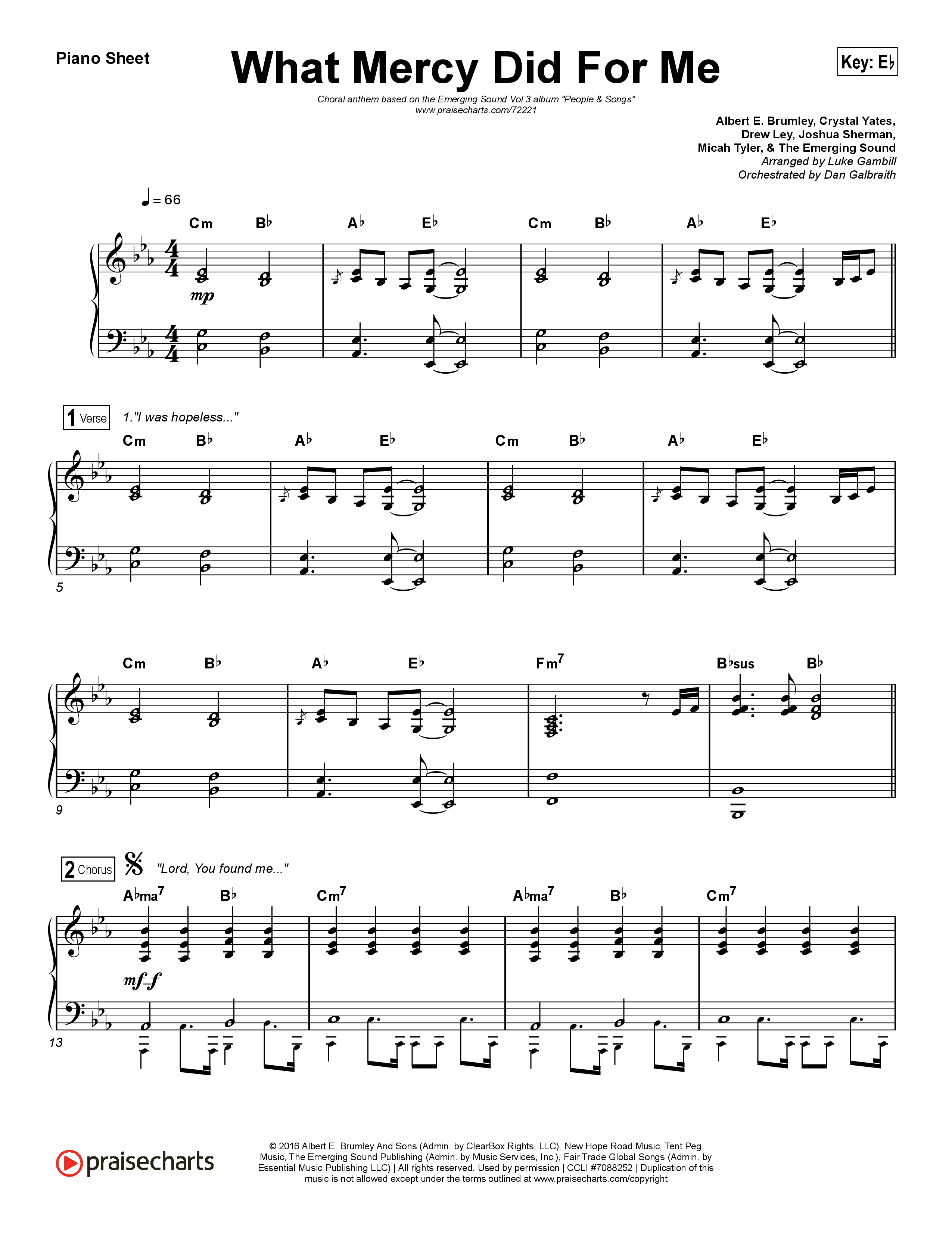 What Mercy Did For Me (Choral Anthem SATB) Piano Sheet (People & Songs / Crystal Yates / Micah Tyler / Joshua Sherman / Arr. Luke Gambill)