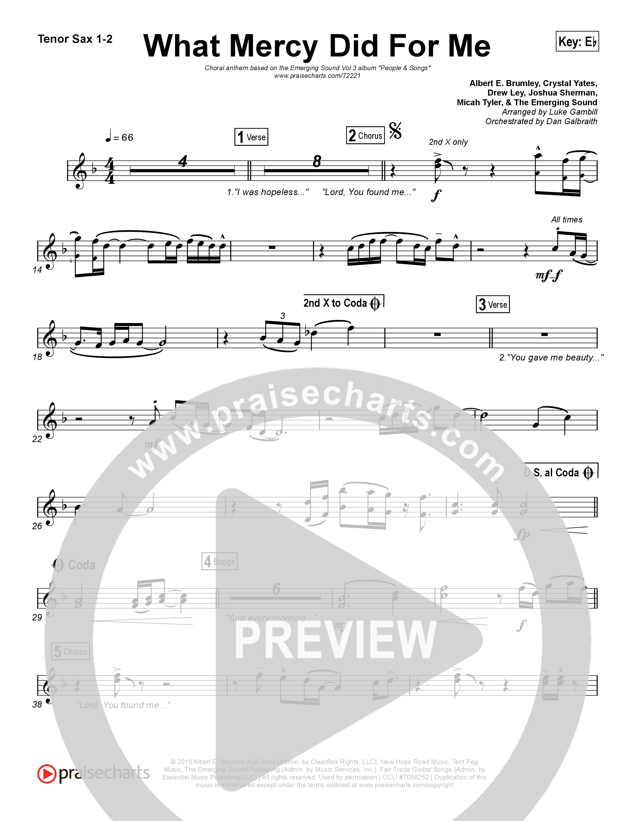 What Mercy Did For Me (Choral Anthem SATB) Tenor Sax 1,2 (People & Songs / Crystal Yates / Micah Tyler / Joshua Sherman / Arr. Luke Gambill)