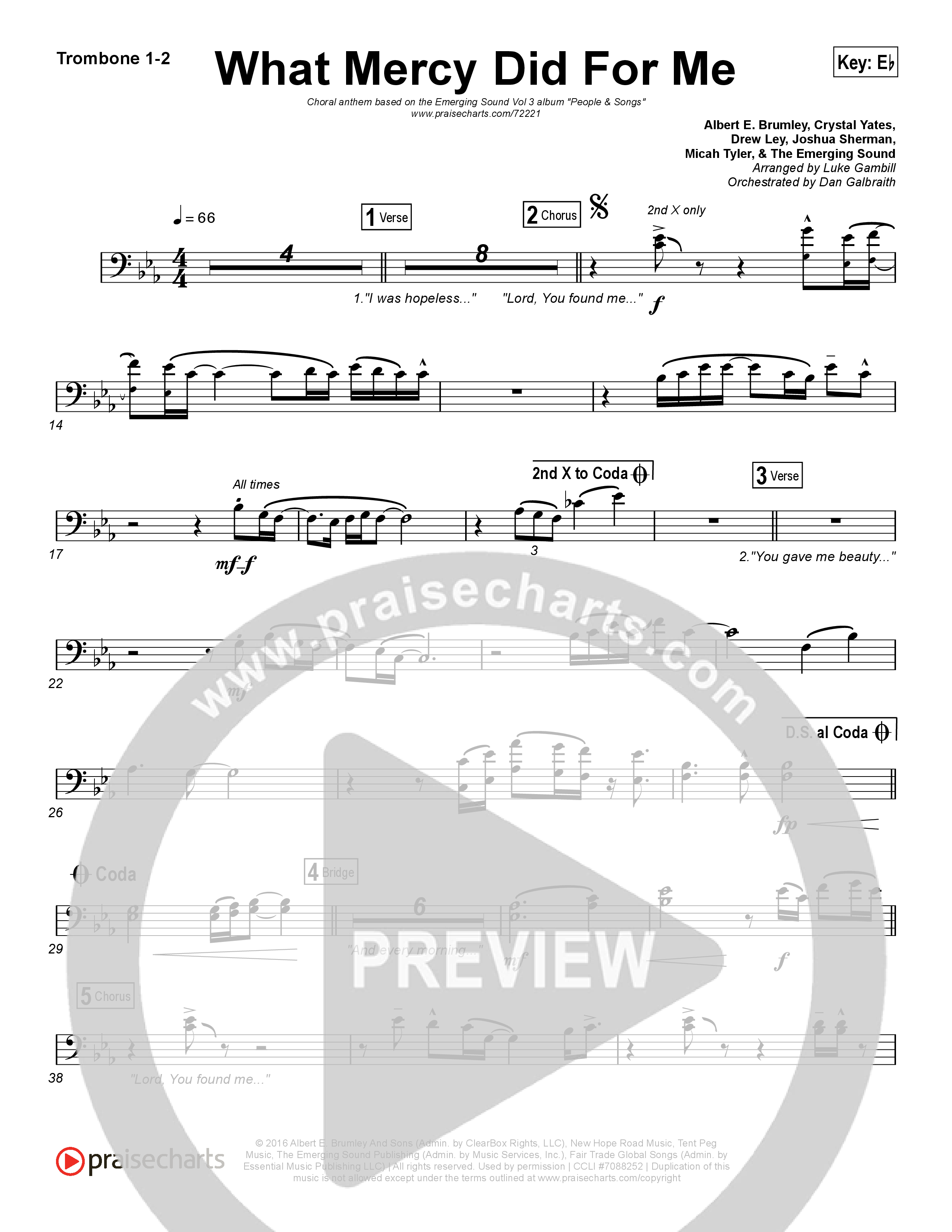 What Mercy Did For Me (Choral Anthem SATB) Trombone 1,2 (People & Songs / Crystal Yates / Micah Tyler / Joshua Sherman / Arr. Luke Gambill)