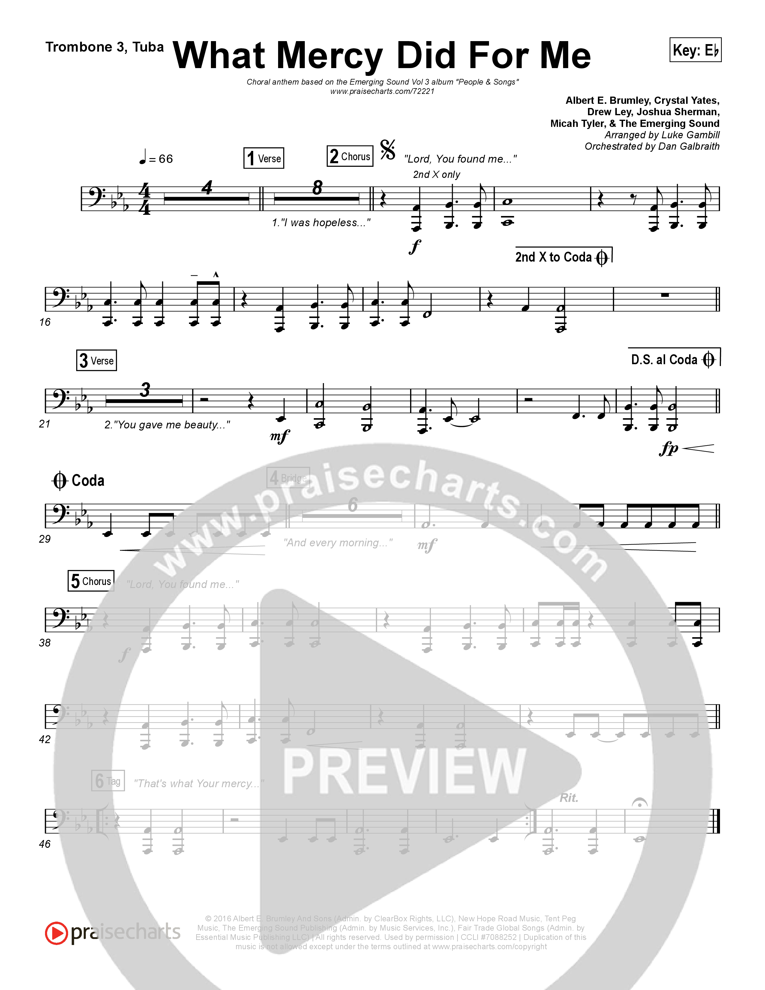 What Mercy Did For Me (Choral Anthem SATB) Trombone 3/Tuba (People & Songs / Crystal Yates / Micah Tyler / Joshua Sherman / Arr. Luke Gambill)