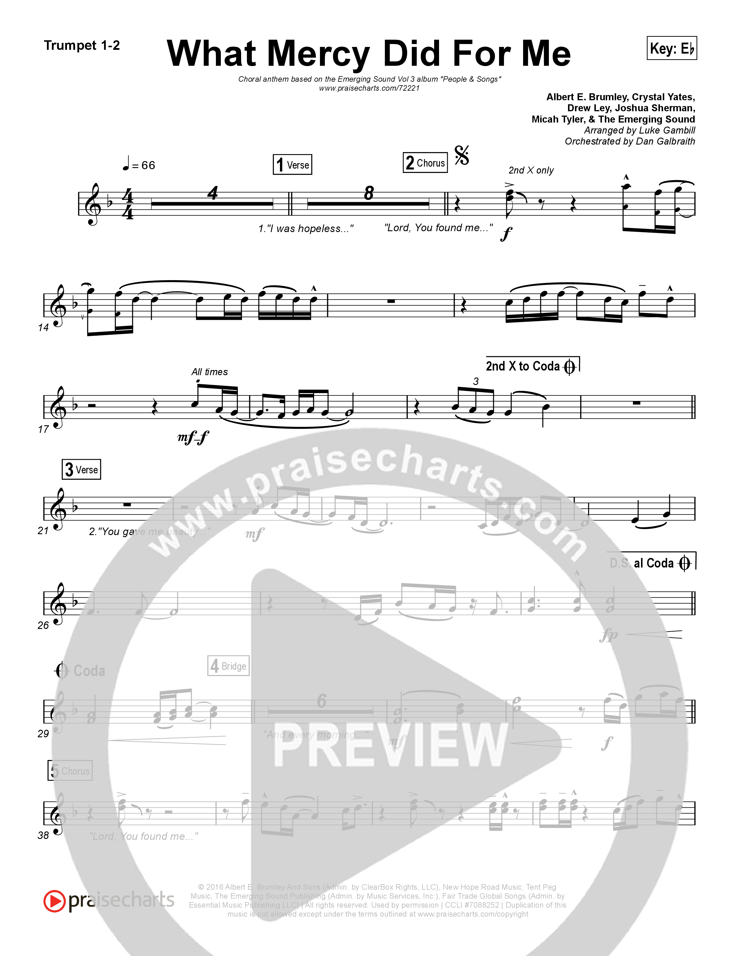 What Mercy Did For Me (Choral Anthem SATB) Trumpet 1,2 (People & Songs / Crystal Yates / Micah Tyler / Joshua Sherman / Arr. Luke Gambill)