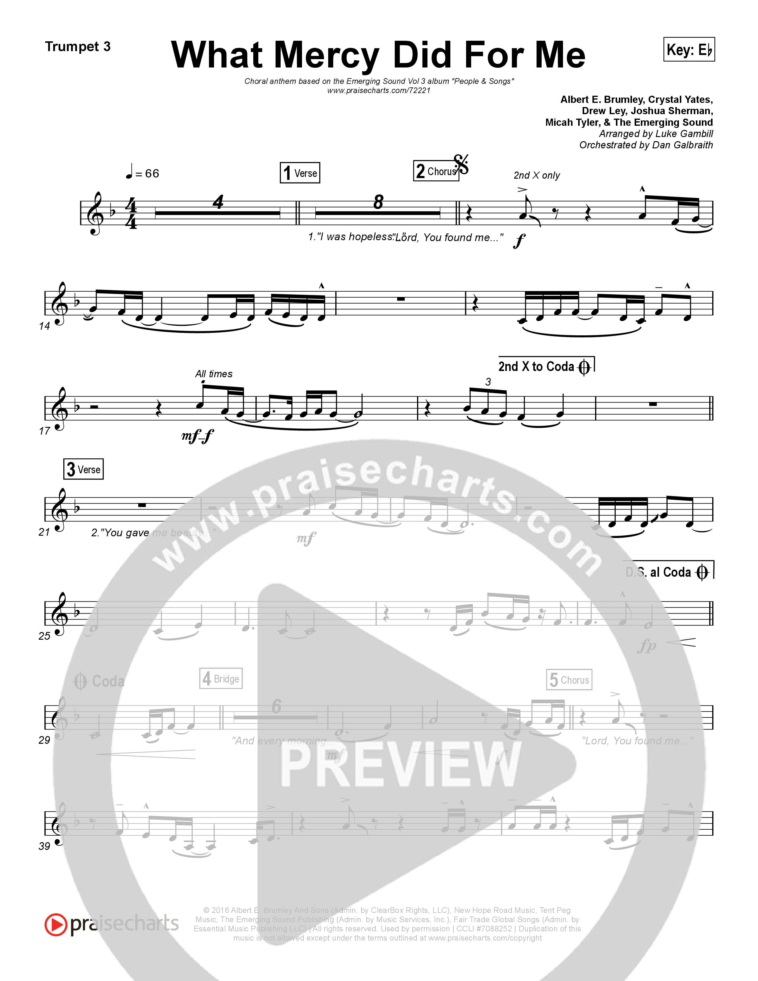 What Mercy Did For Me (Choral Anthem SATB) Trumpet 1,2 (People & Songs / Crystal Yates / Micah Tyler / Joshua Sherman / Arr. Luke Gambill)