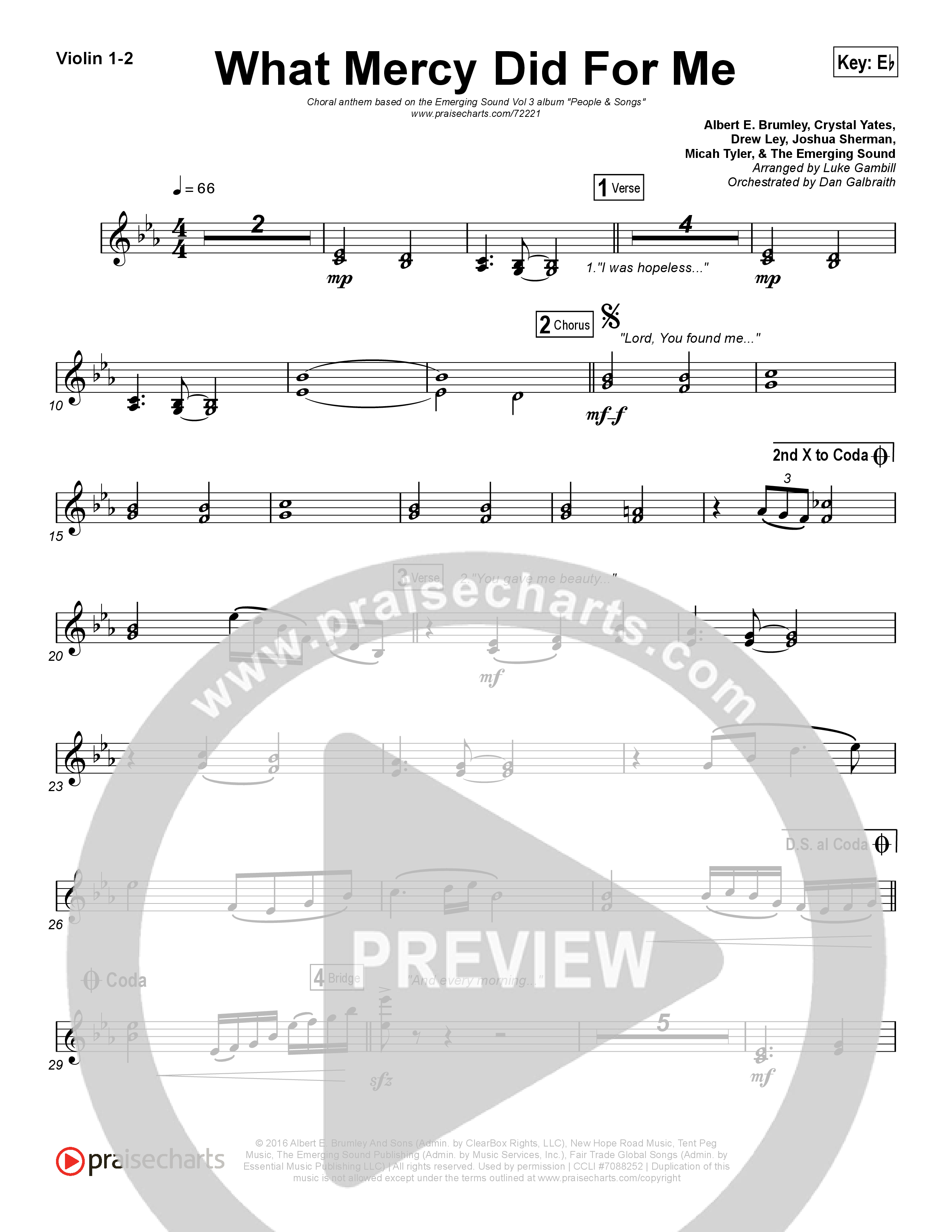 What Mercy Did For Me (Choral Anthem SATB) Violin 1,2 (People & Songs / Crystal Yates / Micah Tyler / Joshua Sherman / Arr. Luke Gambill)