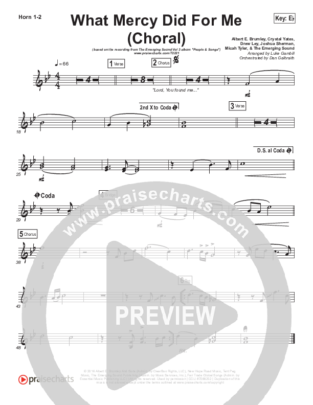 What Mercy Did For Me (Choral Anthem SATB) French Horn 1,2 (People & Songs / Crystal Yates / Micah Tyler / Joshua Sherman / Arr. Luke Gambill)