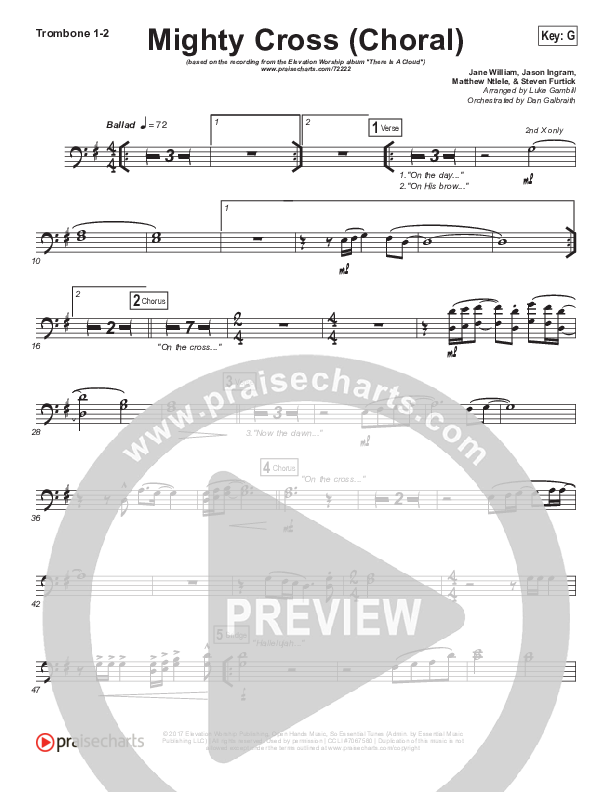 Mighty Cross (Choral Anthem SATB) Trombone 1/2 (Elevation Worship / Arr. Luke Gambill)
