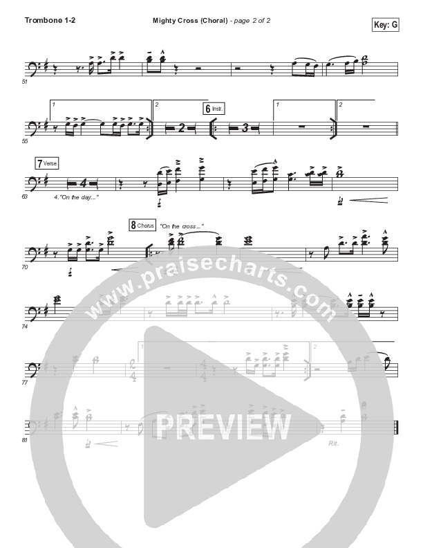 Mighty Cross (Choral Anthem SATB) Trombone 1/2 (Elevation Worship / Arr. Luke Gambill)