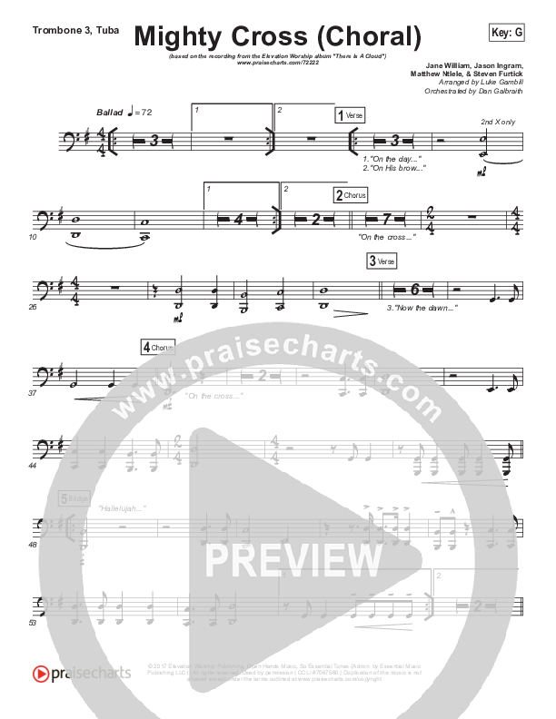 Mighty Cross (Choral Anthem SATB) Trombone 3/Tuba (Elevation Worship / Arr. Luke Gambill)