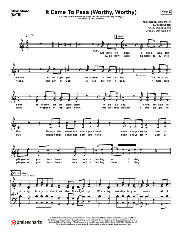It Came To Pass (Worthy Worthy) Choir Sheet (SATB) (Vertical Worship)