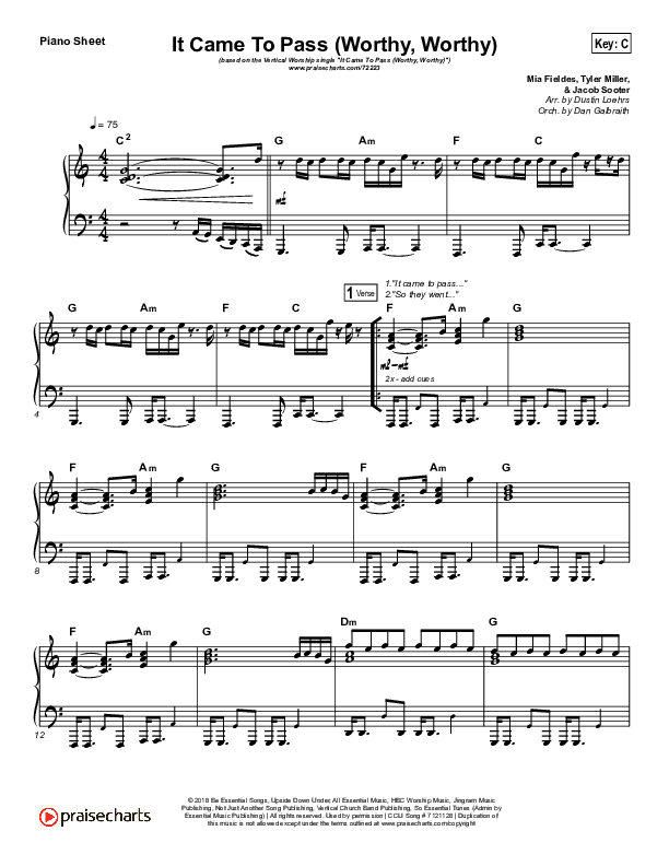 It Came To Pass (Worthy Worthy) Piano Sheet (Vertical Worship)